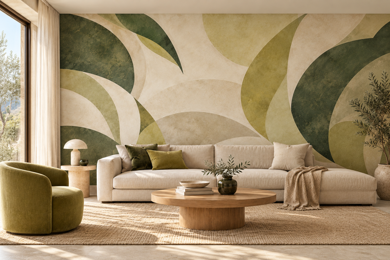 Soggiorno con carta da parati a forme organiche verdi e avorio, divano beige, poltrona verde e tavolino rotondo in legno