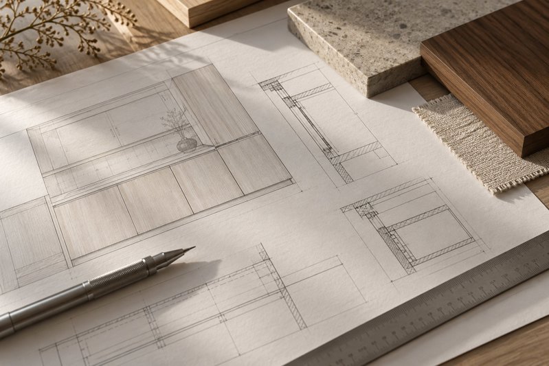 Planimetrie, strumenti e campioni di materiali per lo studio di un progetto