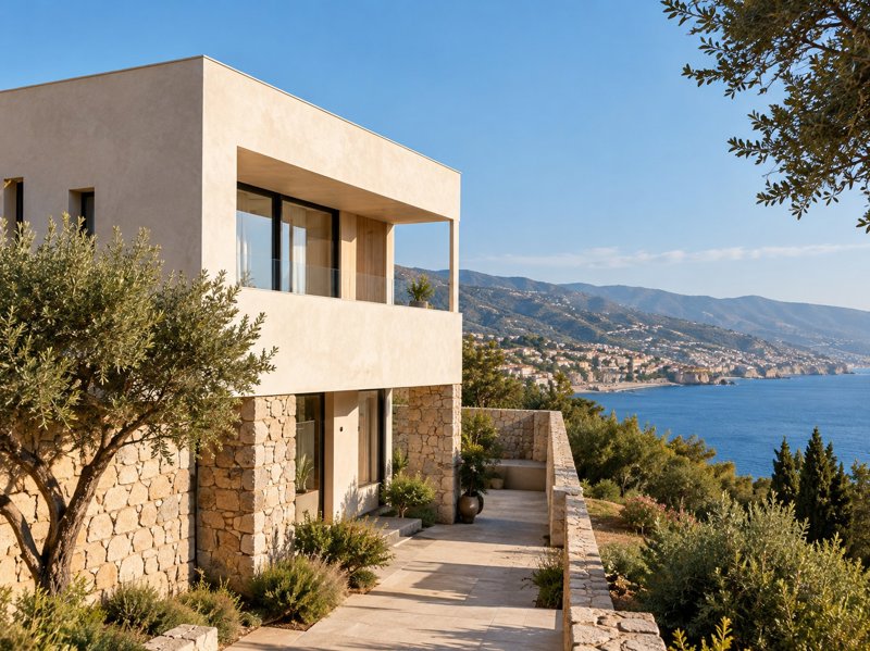 Edificio contemporaneo affacciato sul paesaggio mediterraneo