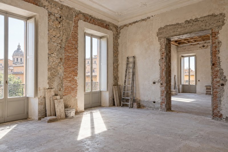 Interno da ristrutturare con murature a vista e grandi aperture