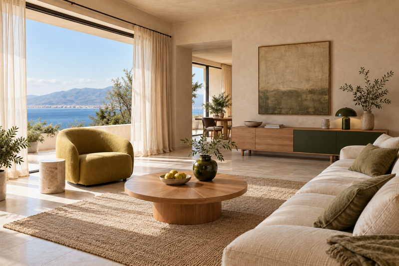 Soggiorno con vista mare, divano chiaro, poltrona giallo senape, tavolino in legno e madia verde oliva