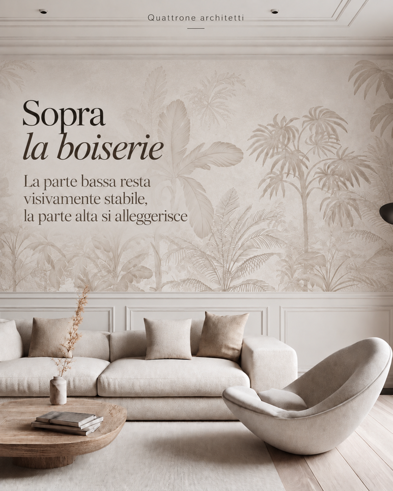 Carta da parati sopra la boiserie: eleganza e leggerezza