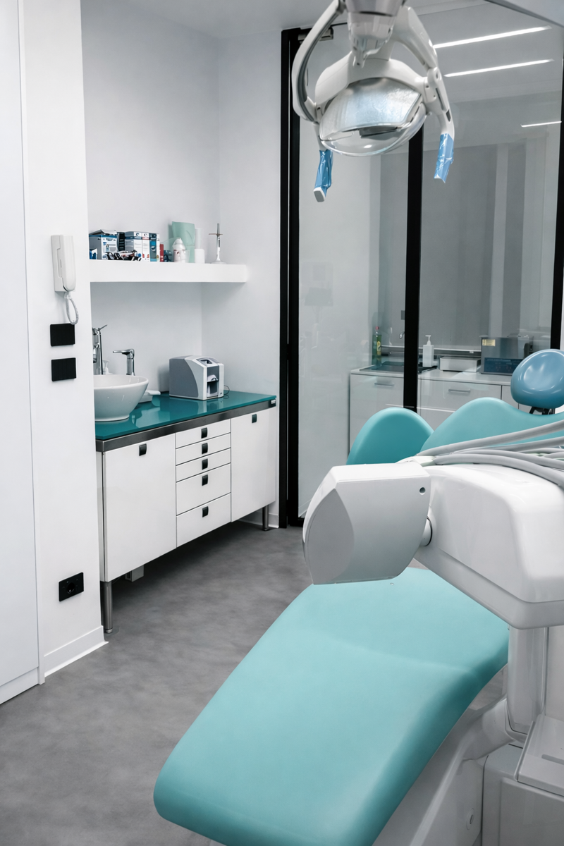 Studio Dentistico Reggio Calabria – Realizzato: sala operatoria con parete in vetro, mobile su misura e piano turchese