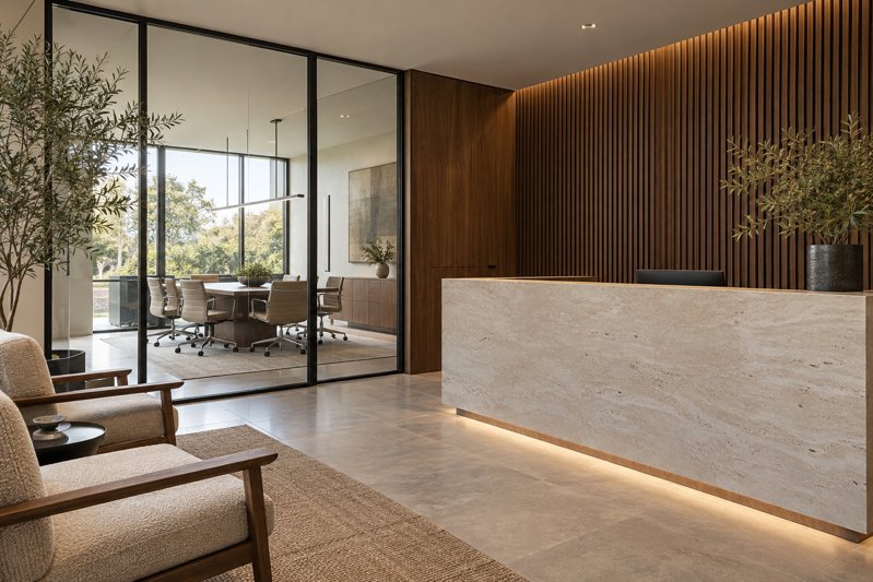 Spazio professionale con reception in pietra e rivestimento in legno